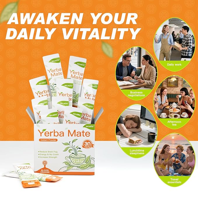 WUEIS Yerba Mate 10000mg Tea Instant Powder,Yerba Magic Powder Single Serve Sticks,Clean Energy,Rich in Prebiotics,Promote Gut Health- Super Yerba,Low Sugar-Natural Caffeine-Orange Flavor-30 Servings