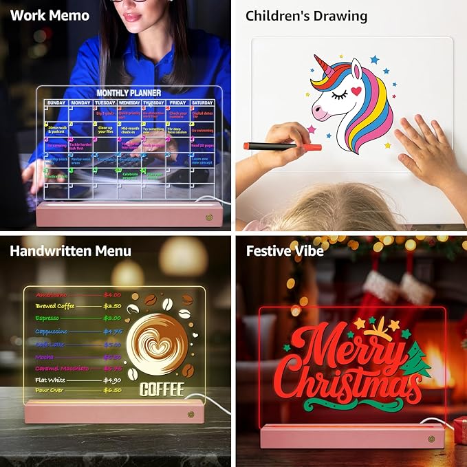 LED Note Board with 8 Colors，Acrylic Dry Erase Board with Light, Clear Monthly/Weekly Calendar, Led Drawing Board for Kids with Stand, 8 Markers, Adapter, Soft Cloth, Holiday Trend Gift (Pink)