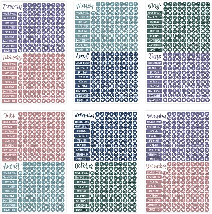 bloom daily planners Calendar Essentials Planner Stickers - Color Coordinating Monthly Headings, Dates, Icons, Etc. - 8 Sheets, 1629 Stickers Per Pack! - Jewel Tones