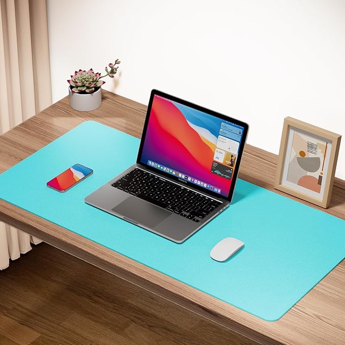 Boutilon Leather Desk Pad Protector,Non-Slip Mouse Pad,Laptop Desk Pad,Office Mouse Mat,Waterproof Leather Desk Blotter,Desk Writing Pad for Office and Home (S-Bright Blue,24"x 14")