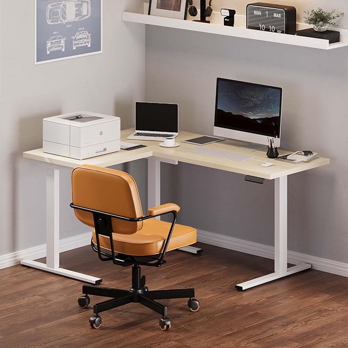 SANODESK L Shaped Standing Desk Adjustable Height, Electric Corner Standing Desk, 63 x 48 inch Sit Stand Computer Table with Splice Board, Maple