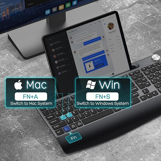 Ergonomic Wireless Keyboard and Mouse with Wrist Rest，Phone Holder - 2.4GHz Full-Sized Low-Profile Quiet Wireless Mouse and Keyboard Combo for Computer, Laptop, PC, Mac-Grey