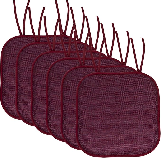 Sweet Home Collection Chair Cushion Memory Foam Pads with Ties Honeycomb Pattern Slip Non Skid Rubber Back Rounded Square 16" x 16" Seat Cover, 6 Pack, Cameron Wine