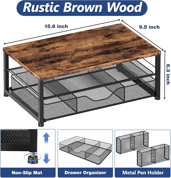 Desk Organizers and Accessories, 2-Tier Computer Monitor Stand Riser with Drawer and 2 Pen Holders, Laptop Stand, Office Desk Accessories for Office Supplies, Brown