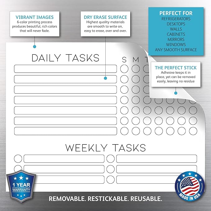 Dry Erase Whiteboard Task Planner by Glassboard Studio | Removable and Restickable Adhesive Decal | Fine-Tip Magnetic Marker Included (9 x 12 inches, White)