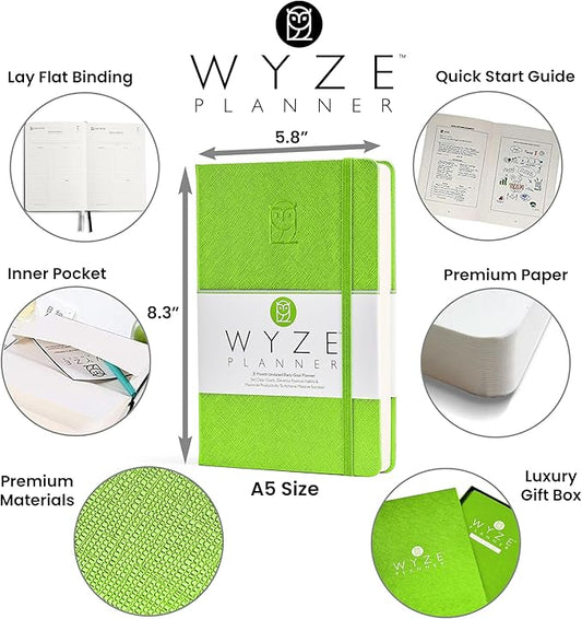 Undated Daily Planner – 3-Month A5 Productivity Organizer with Full Page Per Day, Hourly Schedule, Goal Setting, Habit Tracker, Weekly & Monthly Pages – Hardcover Time Management Notebook (Lime Green)