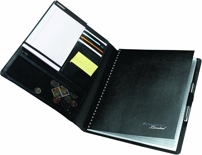 Cambridge Limited Business Notebook, 8-1/2" x 11", 50 Sheets, NoteTaker Portfolio and Refillable Notebook with 5" x 8" Notepad and Business Card Pocket, Zipper Mesh Pocket, Black (06126)