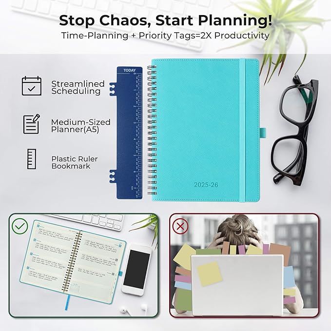 Planner 2025-2026 Daily Weekly and Monthly,8.5"x6.5",18 Months Spiral Bound Calendar Agenda with Self-adhesive Pen Holder,2026 Academic Plan with Vegan Leather Soft Cover,Light Blue