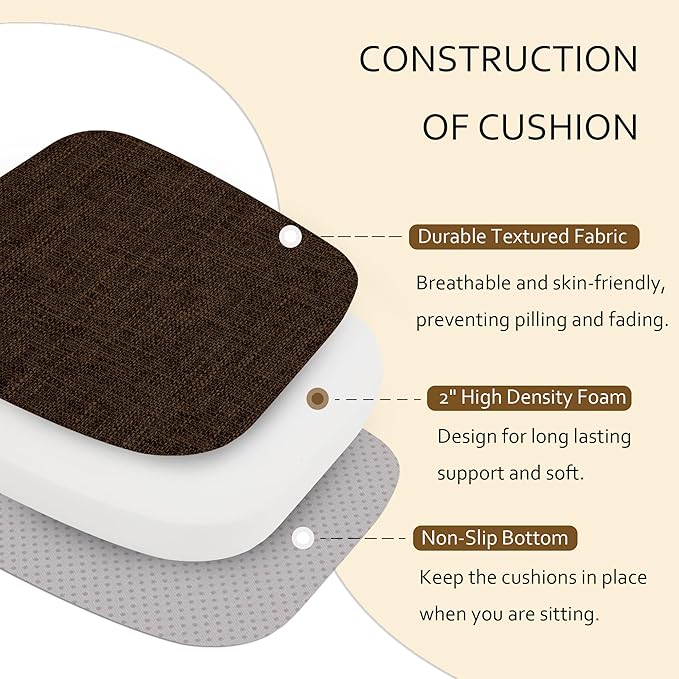ELFJOY Chair Cushions for Dining Chairs Kitchen Chair Cushions U Shape Non Slip Chair Pads Set of 4 Seat Cushions with Ties Indoor 16.7" x 16" Coffee