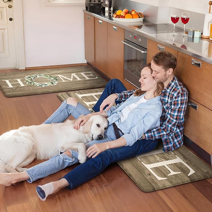 KIMODE Kitchen Mats Cushioned Anti Fatigue, 17"x47"+17"x29" Farmhouse Kitchen Rugs Sets of 2, Non Slip Kitchen Mats for Floor, Padded Kitchen Floor Mats for Sink, Laundry, Desk Khaki