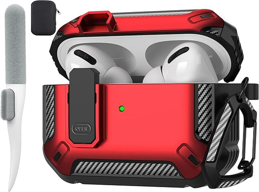Maxjoy for AirPods Pro Case Cover with Lock, AirPods Pro 1st Generation Case for Men Military Rugged Protective Cover with Keychain Compatible with Apple AirPod Pros 2019 Front LED Visible, Red