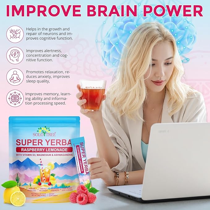 Super Yerba Mate, Yerba Mate Instant Tea Powder ，Low Sugar Content， Clean Energy & Focus Boost，Digestive Support with Antioxidants， Raspberry Lemonade Flavor (30 packs)