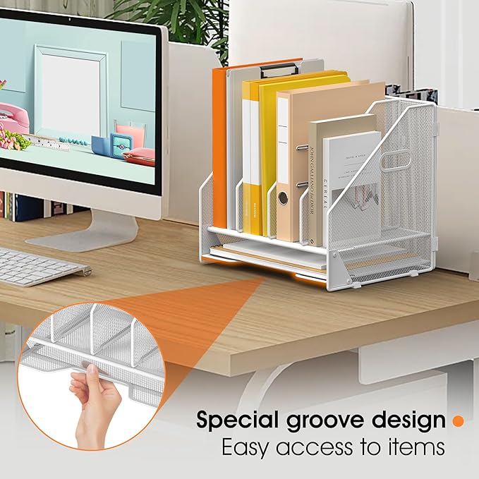Desk File Folder Holder Organizer-4 Vertical Compartments Racks and Paper Letter Tray,Mesh Magazine File Holder Sorter,Desktop Accessories & Workspace Organizers for Home,Office,School-White