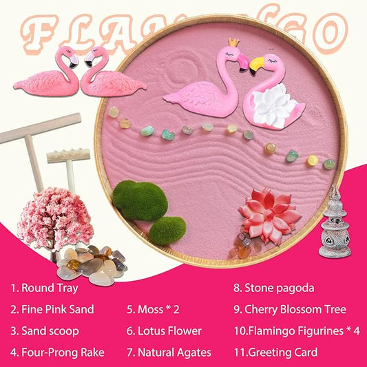 Flamingo Zen Garden for Desk - Pink Flamingo Decor, Sand Tray Therapy Kit for Desk and Office, Cute Japanese Décor Gift for Women, Mini Zen Garden for Relaxation and Stress Relief