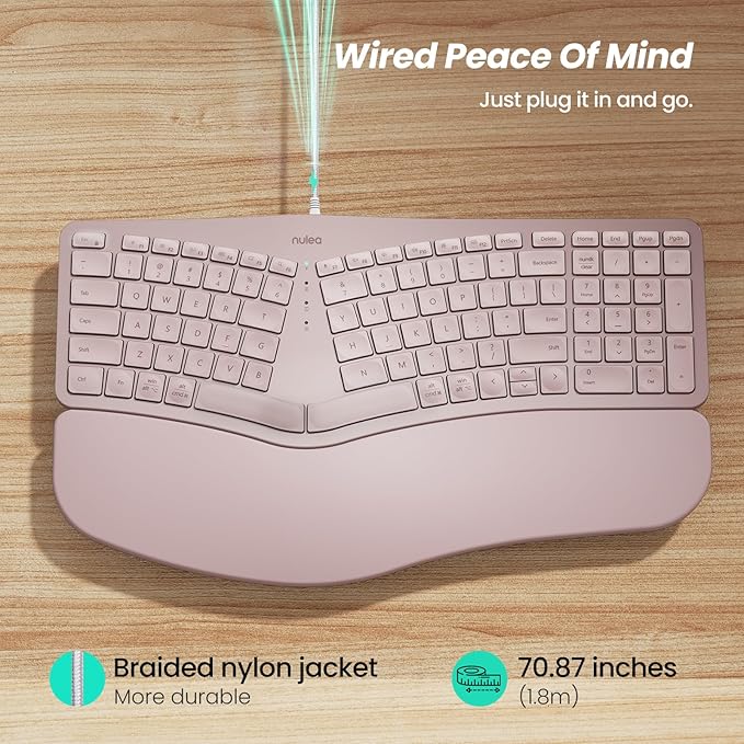 Nulea RT05C Wired Ergonomic Keyboard, Split Keyboard with Cushioned Wrist Rest, Adjustable Tilt Legs, Plug and Play, USB Corded, Compatible with Windows/Mac (Pink)
