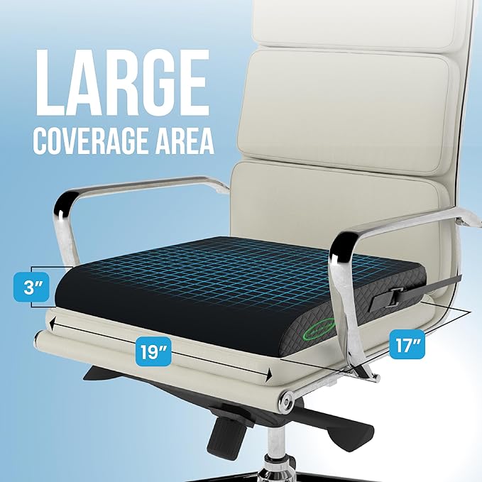 Extra Large Wheelchair Seat Cushion - for Sciatica and Lower Back Pain Relief, Anti-Slip, Removable Strap, Coccyx Pain Relief, 19” X 17” X 3” (Black)