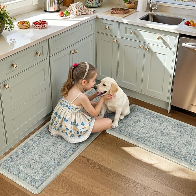 KIMODE Anti Fatigue Kitchen Mats for Floor, Boho Vintage Kitchen Rugs Sets of 2, Cushioned Kitchen Floor Mats Non Slip, Comfort Rugs for Kitchen Floor, Sink, Laundry, Desk Blue 17"x47"+17"x29"