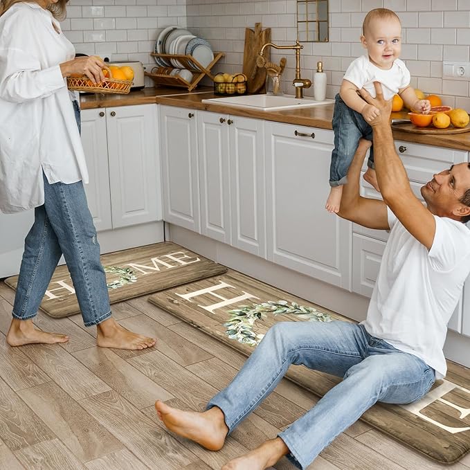 KIMODE Kitchen Mats Cushioned Anti Fatigue, 17"x47"+17"x29" Farmhouse Kitchen Rugs Sets of 2, Non Slip Kitchen Mats for Floor, Padded Kitchen Floor Mats for Sink, Laundry, Desk Khaki