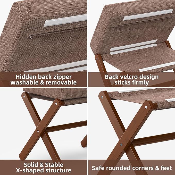 Foldable Foot Stool Ottoman, Modern Foot Rest with Bamboo X Legs & Thick Foam Cushion, Folding Foot Stools Small Padded for Bedroom Living Room, Makeup Vanity Stool Chair (Brown - Brown)