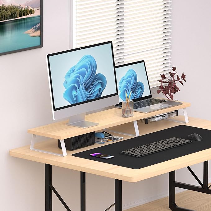 Large Dual Monitor Stand Riser - Monitor Stand for 2 Monitors, Wooden Computer Stand For Desk with Metal Legs, Desk Organizers and Storage With Drawer, Desk Shelf for Computer/Laptop/Printer/TV, Oak