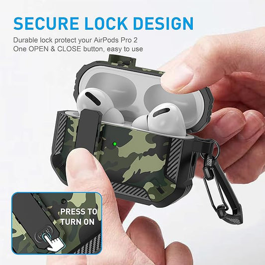 Maxjoy AirPods Pro 2nd/1st Generation Case Cover with Lock, AirPods Pro 2 Protective Case with Keychain Compatible with Apple AirPod Pro2 2023 USB C Cable 2022 Lightning Cable/ Pro1 2019, Green Camo