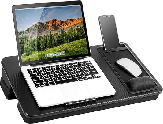 LAPGEAR Extra Large Adjustable Lap Desk with Memory Foam Wrist Rest, Mouse Pad, Phone Holder, Device Ledge, and Booster Cushion - Black Carbon - Fits up to 17.3 Inch Laptops - Style No. 88108