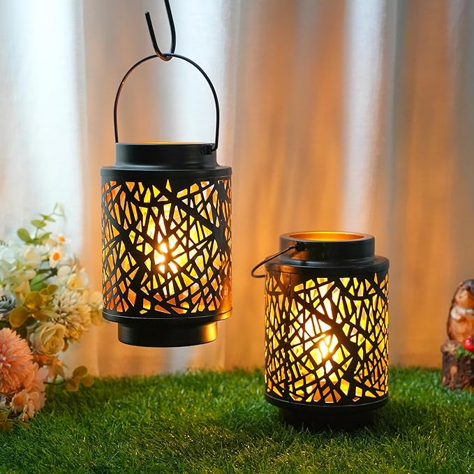 JHY DESIGN Set of 2 LED Battery Operated Table Lamp 8“H Cordless Lamp Light with 6-Hours Timer Metal Black Battery Lamp for Patio Garden Indoor Outdoor Party Events(Hollow Branch)