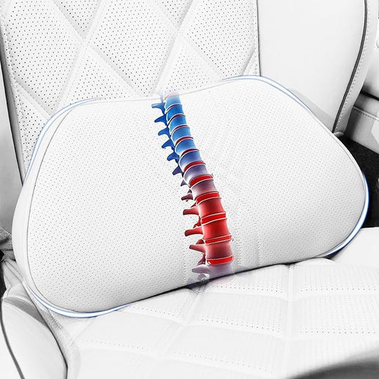 Lumbar Support Pillow for Car Seat, Office Chair Leather Memory Foam Lower Back Cushion for Back Pain Relief Improve Posture, Ergonomic Back Rest for Gaming Chair, Off-White (Beige), 1PC