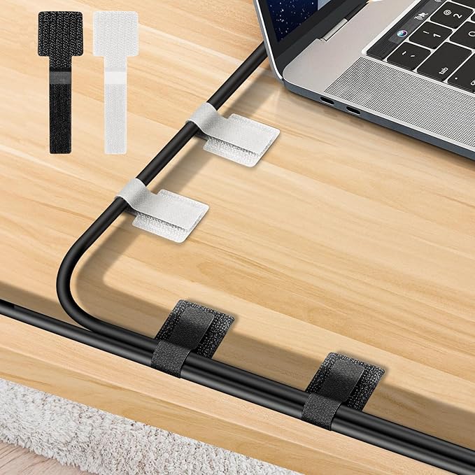 Under Desk Cable Management, Wire Organizers for Cords - Upgrade 48 PCS Sticky Back Self Adhesive Cable Ties, Hook and Loop Straps for Home or Office Use