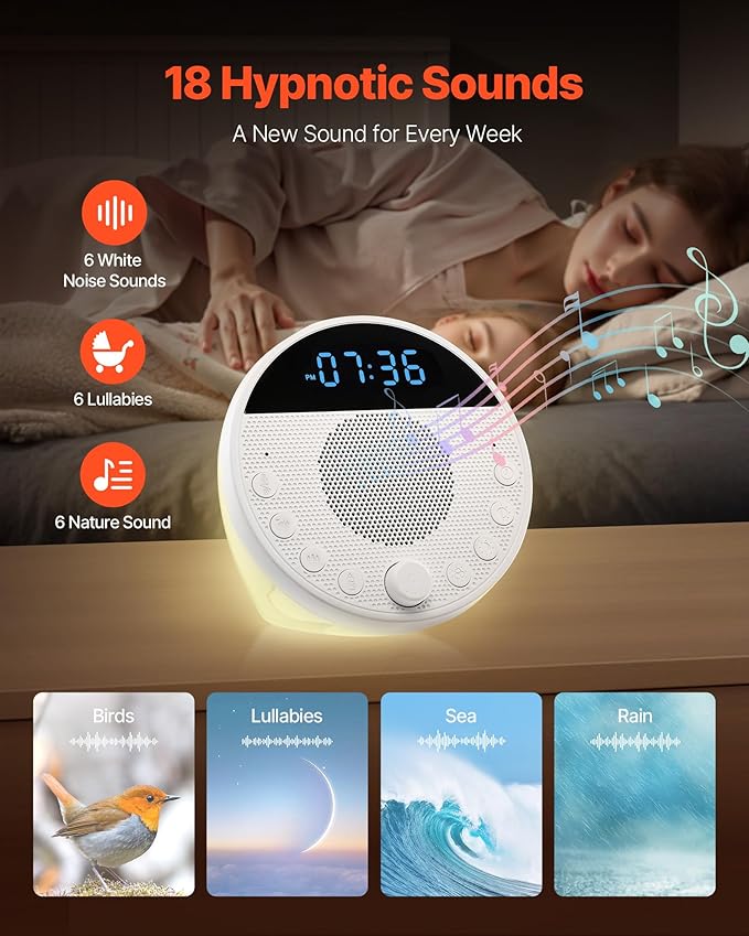 VEVOR Sound Machine, 18 Soothing Sleep Sounds and 7-Color Night Light, 5-in-1 White Noise Sound Machine with Dual Alarms, Auto-Off Timer and Memory Function, for Baby, Adults, Home, Office & Travel