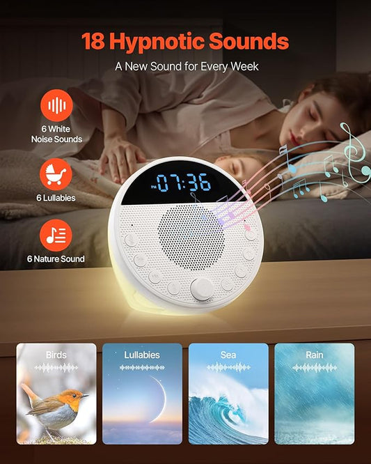 VEVOR Sound Machine, 18 Soothing Sleep Sounds and 7-Color Night Light, 5-in-1 White Noise Sound Machine with Dual Alarms, Auto-Off Timer and Memory Function, for Baby, Adults, Home, Office & Travel