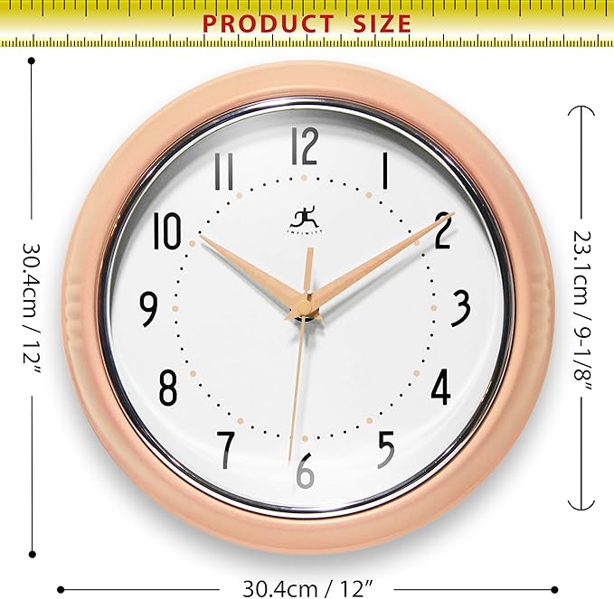 Infinity Instruments Retro 9.5 Inch Round Indoor Wall Clock, Peach Fuzz