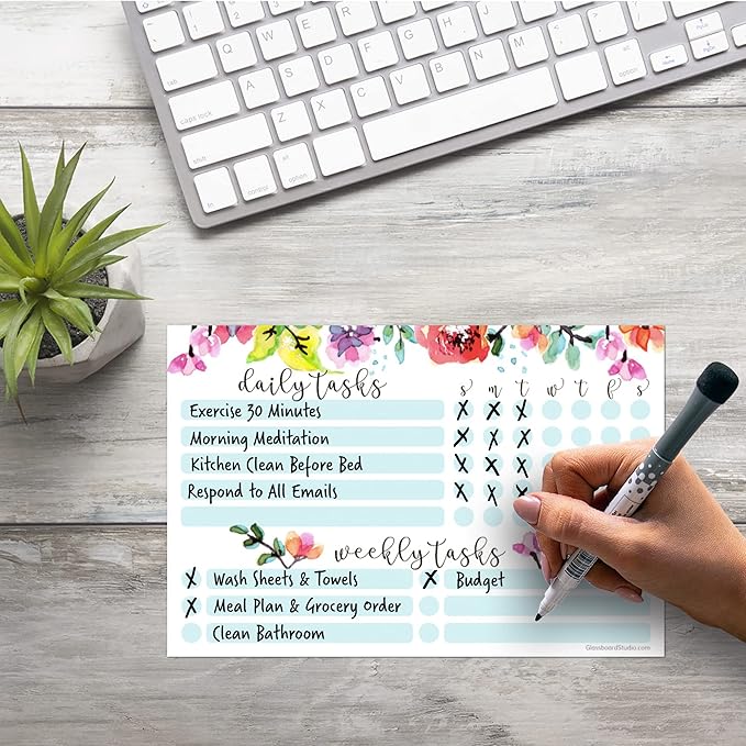 Dry Erase Whiteboard Task Planner | Removable and Restickable Adhesive Decal | Fine-Tip Magnetic Marker Included (6 x 9 inches, Floral)