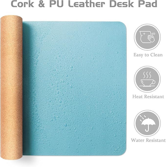 Aothia Double-Sided Desk Pad – 35.4" x 15.7" Leather Desk Mat with Eco Cork Protector, Large Mouse Pad, Waterproof Desk Blotter for Office/Home (Blue Topazn)