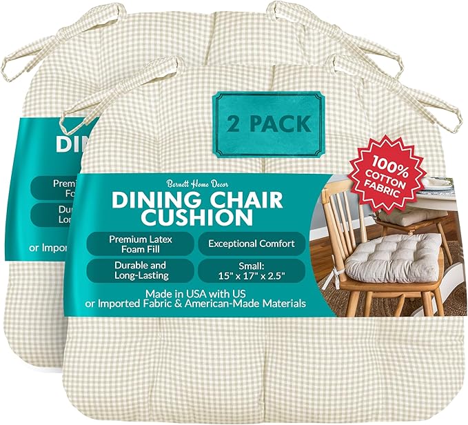Barnett Home Decor Dining Chair Cushions with Ties – Size Small 15 x 17 - Latex Foam Fill, 100% Cotton, Machine Washable Chair Pads for Kitchen Chairs, Made in USA (Madrid Natural/Pack of 2)