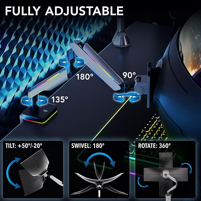 Mount-It! Heavy-Duty Ultrawide Monitor Arm up to 49" / 44 lb for Samsung Odyssey G9, 75x75 and 100x100 VESA Desk Mount for Widescreen Curved Monitors, Gas Spring, RGB Lights, Clamp and Grommet