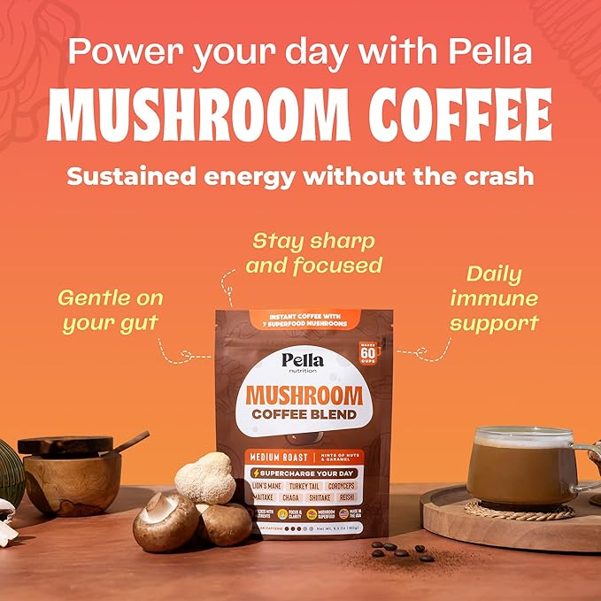 Pella Nutrition Organic Mushroom Coffee – Lions Mane, Reishi, Chaga, Cordyceps, Shiitake, Maitake & Turkey Tail – Superfood Instant Mushroom Coffee Blend for Focus & Energy (Regular Caffeine, 60 Cups)