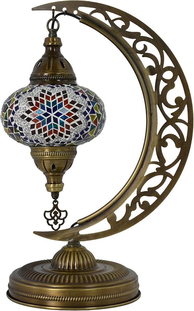 mozaist Turkish Mosaic Crescent Shape Table Lamp, Moroccan Moon Boho Handmade Desk Light, Farmhouse Rustic Living Room Decorative Lighting, Bedside Nightstand with E12 Socket & US Plug (Multicolor)