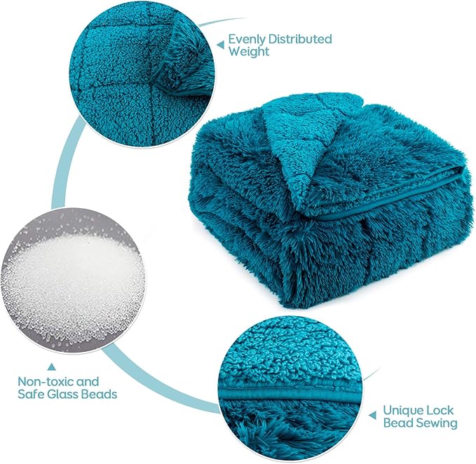 Weighted Blanket 12lbs, Sherpa Faux Fur Reversible Luxury Snugly Long Fur Warm Heavy Blanket 48 * 72 inches, Warm Plush Sherpa Weighted Blanket Queen Size for Couch Sofa Bed, Teal Green