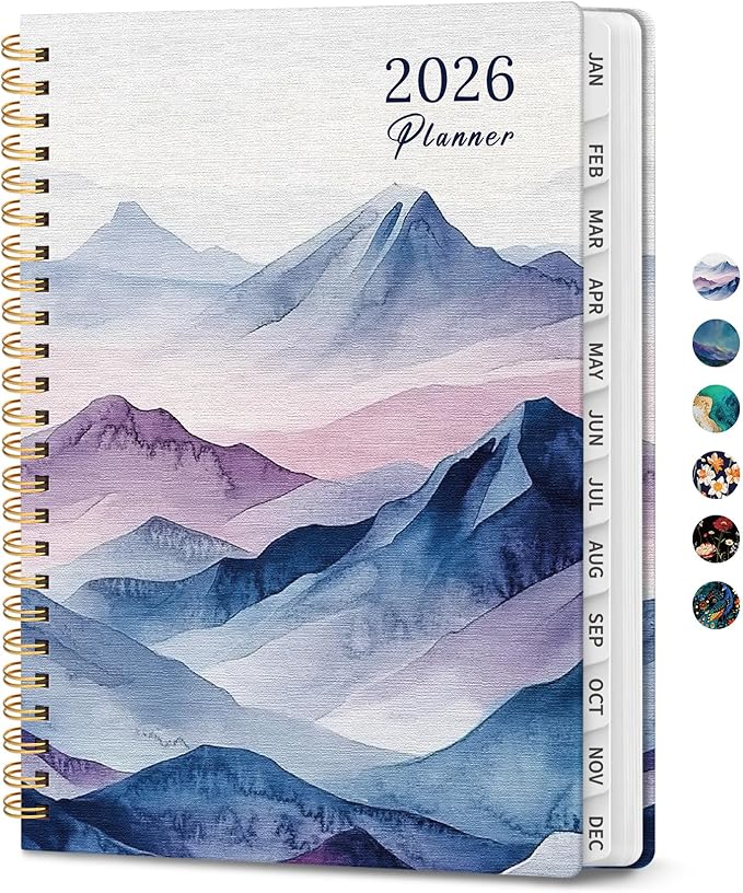 2026 Planner, Monthly and Weekly Calendar Planner for Women, January 2026 - December 2026, Hardcover Pretty 2026 Agenda Planner Book with Tabs, Spiral Bound, Perfect for School Office Home Supplies, 6.3" x 8.5" - Distant Peaks