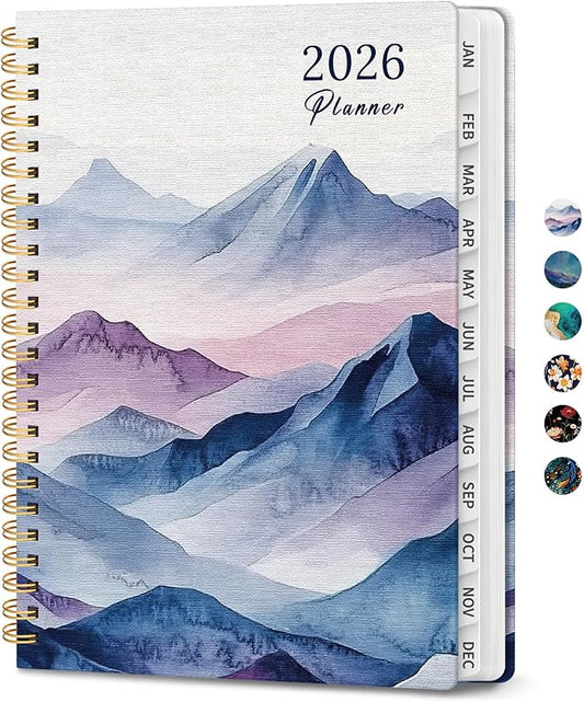 2026 Planner, Monthly and Weekly Calendar Planner for Women, January 2026 - December 2026, Hardcover Pretty 2026 Agenda Planner Book with Tabs, Spiral Bound, Perfect for School Office Home Supplies, 6.3" x 8.5" - Distant Peaks