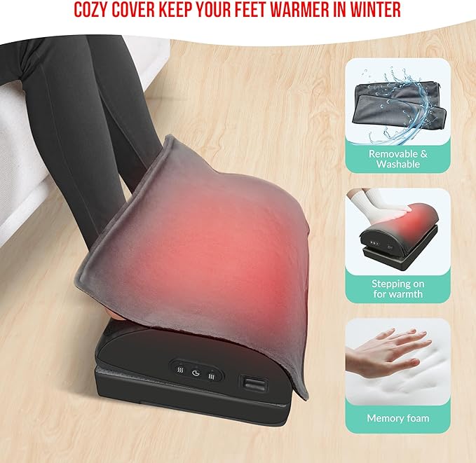 Heated Foot Rest Under Desk at Work, Ergonomic Desk Footrest with Vibrating Massage and Adjustable Height, Foot Warmer with Pocket, 3 Vibration Modes & 2 Heating Levels,Memory Foam,Office Home Gaming