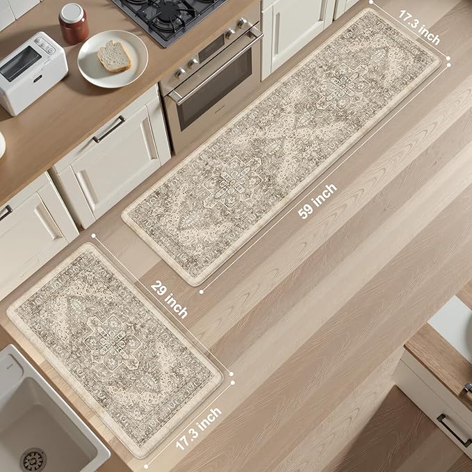 KIMODE Anti Fatigue Kitchen Mats 17"x59"+17"x29", Boho Kitchen Rugs Set of 2, Non-Slip Cushioned Kitchen Mats for Floor, Waterproof Kitchen Floor Mats for Sink, Laundry, Office, Desk Khaki