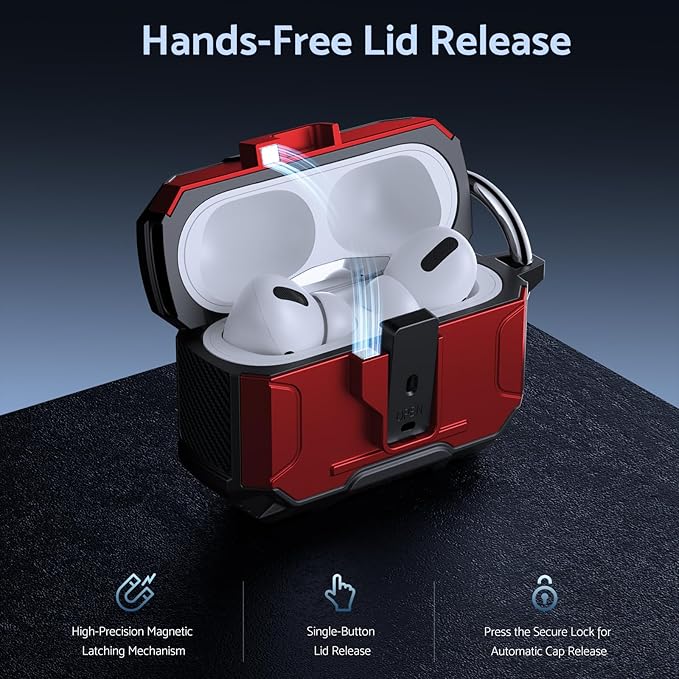 DASFOND Armor Earphone Cover Case for Airpods Pro, Military Grade Full Body Shockproof Protection Hard Case, Support Wireless Charging with Keychain, Magnetic Lid, Front LED Visible, Red