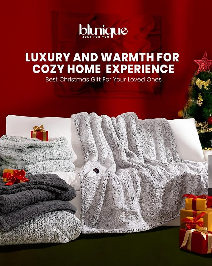 Electric Blanket King 90 x 100 Inches, Double-Sided Sherpa, Soft & Cozy Thick Heated Blanket with 6 Heat Settings, 1-10 Hour Auto Off, Machine Washable, Ideal for Couch, Sofa, Bed, Office, Light Grey