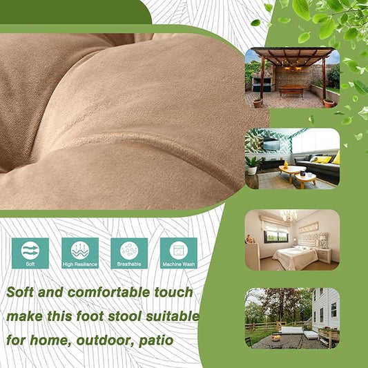 15" Foldable Foot Stool Ottoman with Metal Frame - Washable Khaki Upholstered Indoor/Outdoor Footrest for Living Room, Bedroom, Patio - Space-Saving Compact Design