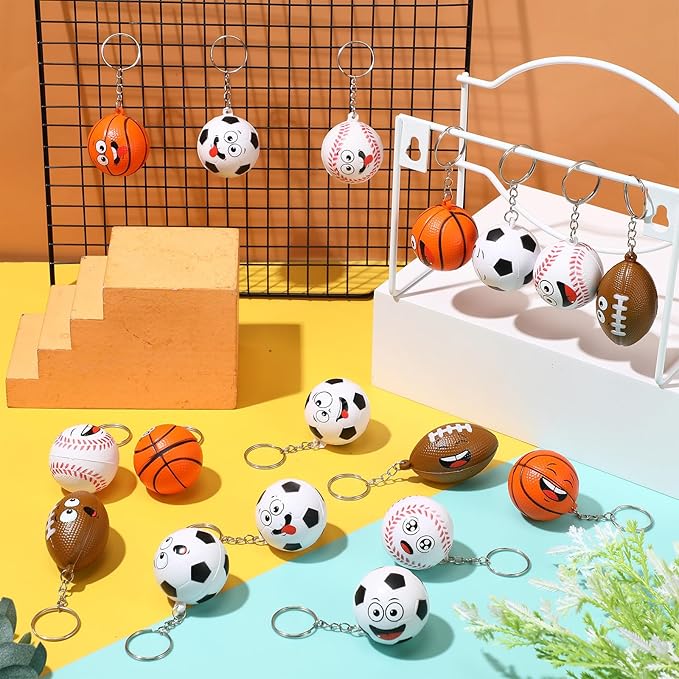 12 Pcs Mini Face Stress Balls Keychain for Boys Girls Sport Face Stress Relief Squeeze Toys Keychain for School Reward Party Bag Gift Fillers Party Favors Birthday Gift