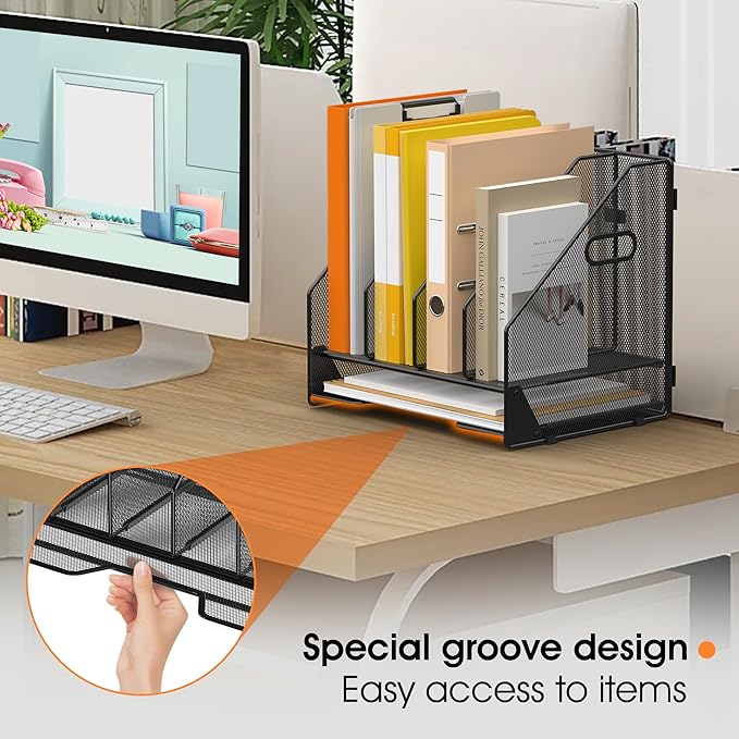 Desk File Folder Holder Organizer-4 Vertical Compartments Racks and Paper Letter Tray,Mesh Magazine File Holder Sorter,Desktop Accessories & Workspace Organizers for Home,Office,School-Black
