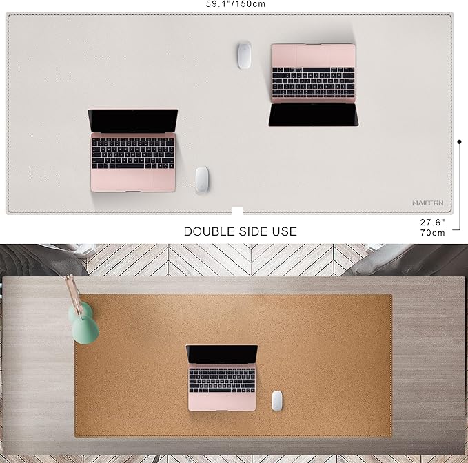 MAIDERN 59”x 27.5” Leather Desk Pad, Large Desk Mat, Cork & Leather Large Mouse pad for Desk, Waterproof Computer Desk Pad for Gaming Home Office (Cream)