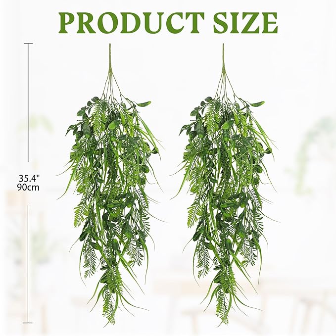 Hollyone 2pcs Artificial Hanging Plant 36" Faux Ferns Artificial Plastic Greenery Ivy Leaves Fake Vines for Wall Farmhouse Living Room Kitchen Shelf Garden Home Patio Indoor Outdoor Decor